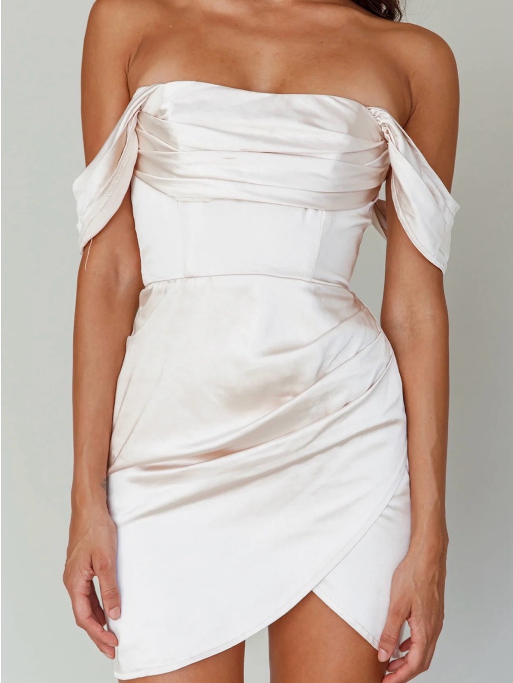 Selfie Leslie Strapless Ivory Satin Wrap Mini Dress